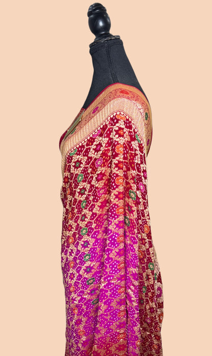 Handwoven Pure Georgette Bandhani Banarasi Saree - Meenakari Work