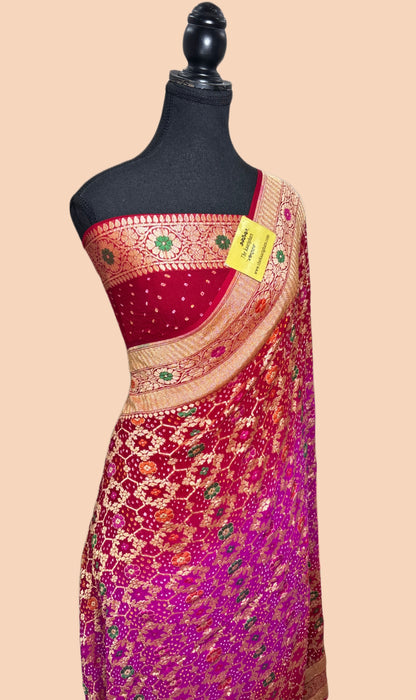 Handwoven Pure Georgette Bandhani Banarasi Saree - Meenakari Work