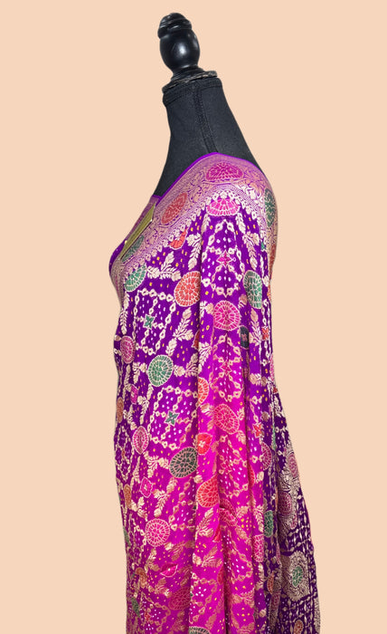Handwoven Pure Georgette Bandhani Banarasi Saree - Meenakari Work