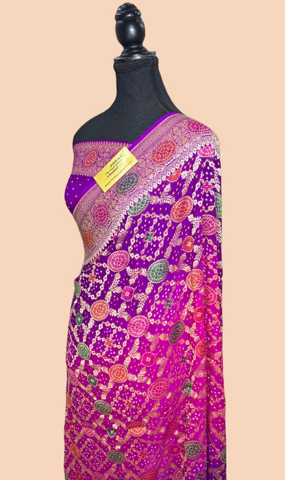 Handwoven Pure Georgette Bandhani Banarasi Saree - Meenakari Work