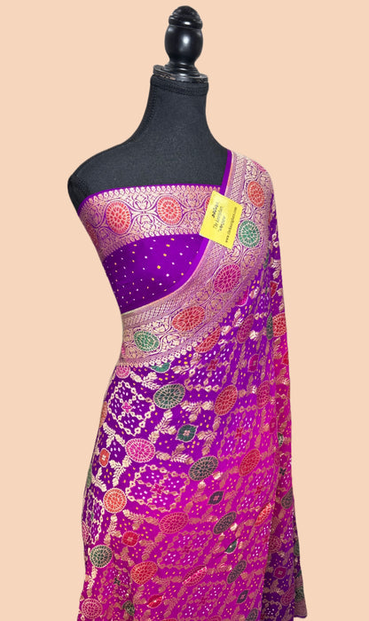 Handwoven Pure Georgette Bandhani Banarasi Saree - Meenakari Work