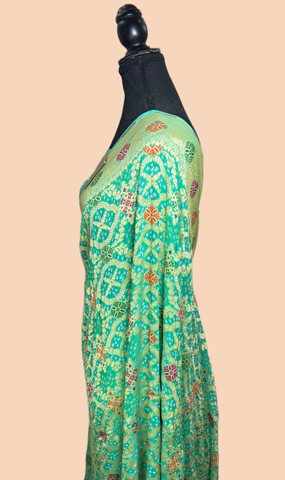 Handwoven Pista Pure Georgette Bandhani Banarasi Saree - Meenakari Work