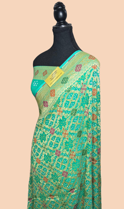 Handwoven Pista Pure Georgette Bandhani Banarasi Saree - Meenakari Work