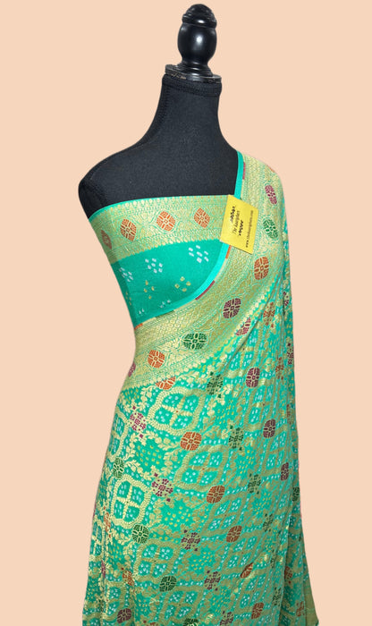 Handwoven Pista Pure Georgette Bandhani Banarasi Saree - Meenakari Work