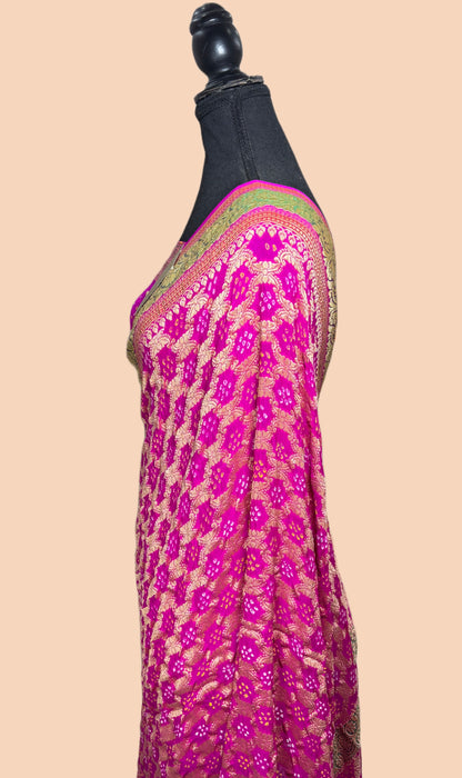 Handwoven Pure Georgette Bandhani Banarasi Saree - Patta Work