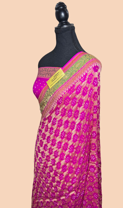 Handwoven Pure Georgette Bandhani Banarasi Saree - Patta Work