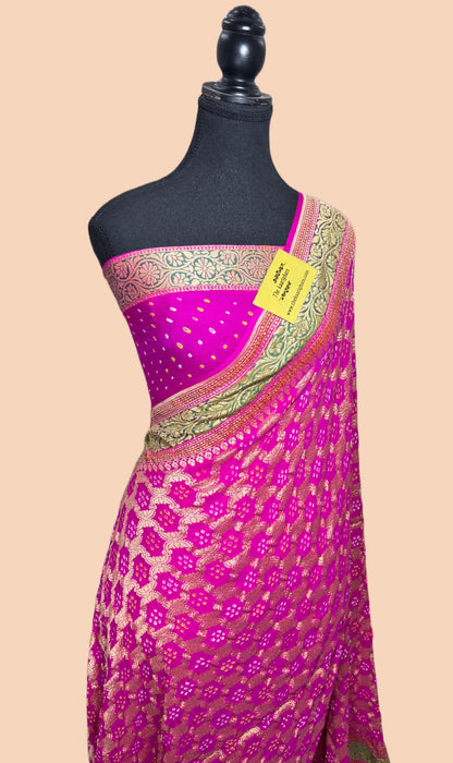 Handwoven Pure Georgette Bandhani Banarasi Saree - Patta Work