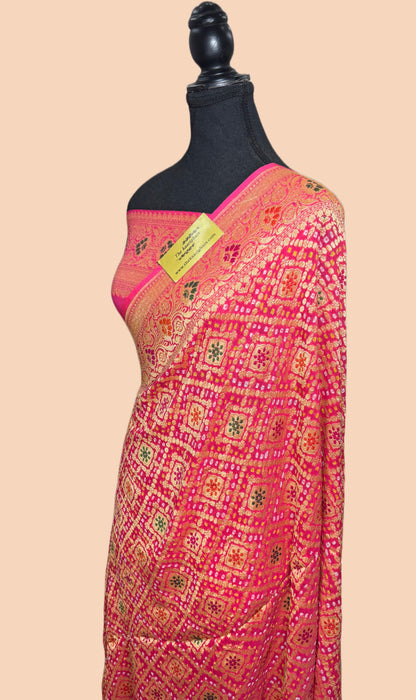 Handwoven Pure Georgette Bandhani Banarasi Saree - Meenakari Work