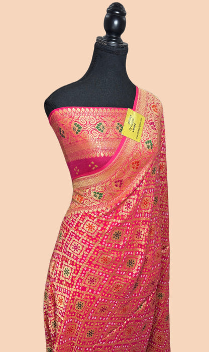 Handwoven Pure Georgette Bandhani Banarasi Saree - Meenakari Work