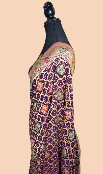 Handwoven Pure Georgette Bandhani Banarasi Saree - Meenakari Work