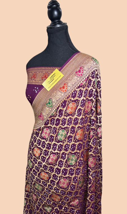Handwoven Pure Georgette Bandhani Banarasi Saree - Meenakari Work