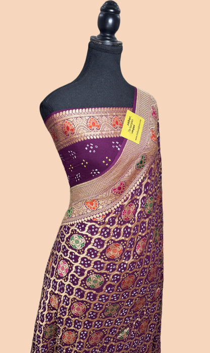 Handwoven Pure Georgette Bandhani Banarasi Saree - Meenakari Work