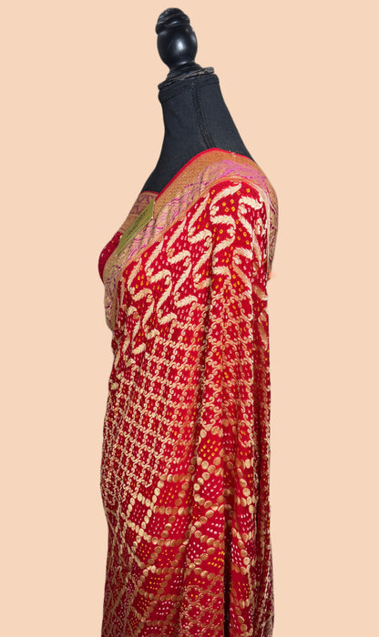 Handwoven Pure Georgette Bandhani Banarasi Saree - Patta Work