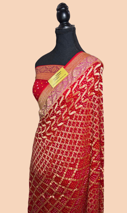 Handwoven Pure Georgette Bandhani Banarasi Saree - Patta Work