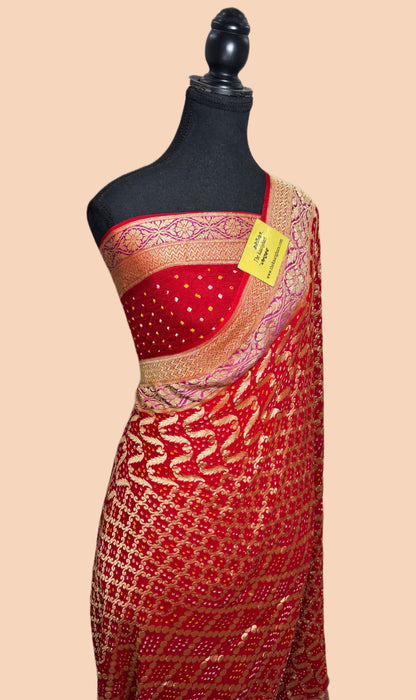 Handwoven Pure Georgette Bandhani Banarasi Saree - Patta Work