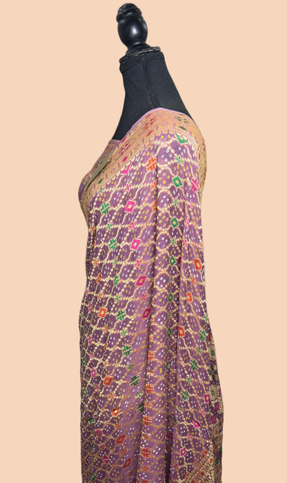 Handwoven Pure Georgette Bandhani Banarasi Saree - Meenakari Work