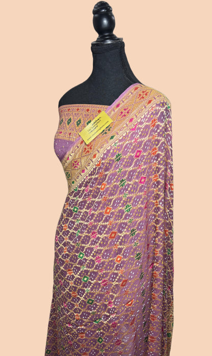 Handwoven Pure Georgette Bandhani Banarasi Saree - Meenakari Work