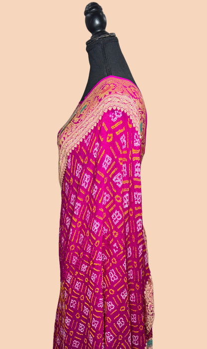 Handwoven Rani Pure Georgette Bandhani Banarasi Saree - Meenakari Work