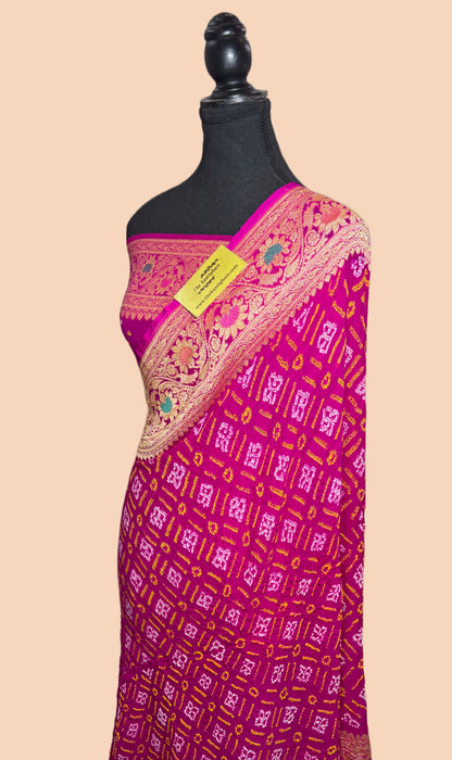 Handwoven Rani Pure Georgette Bandhani Banarasi Saree - Meenakari Work