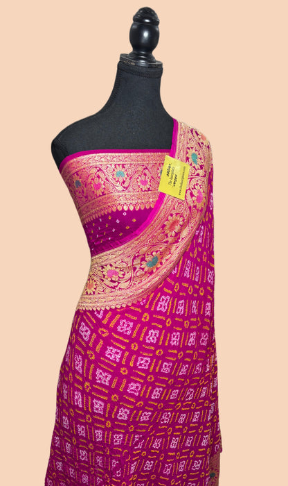 Handwoven Rani Pure Georgette Bandhani Banarasi Saree - Meenakari Work