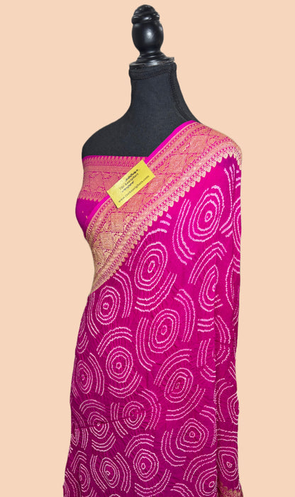 Handwoven Rani Pure Georgette Bandhani Banarasi Saree - All over Bandhani Work