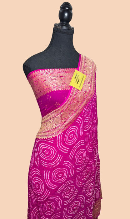 Handwoven Rani Pure Georgette Bandhani Banarasi Saree - All over Bandhani Work