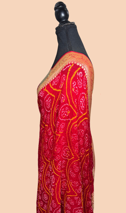 Handwoven Red Pure Georgette Bandhani Banarasi Saree - All over Bandhani Work