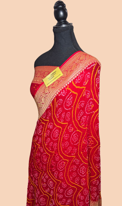 Handwoven Red Pure Georgette Bandhani Banarasi Saree - All over Bandhani Work