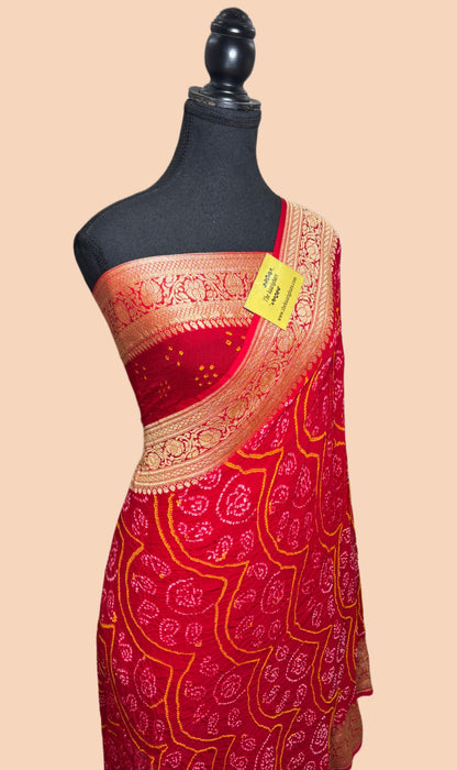 Handwoven Red Pure Georgette Bandhani Banarasi Saree - All over Bandhani Work