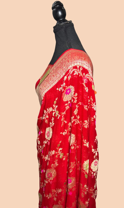 Red Khaddi Georgette Banarasi Handloom Saree - Meenakari