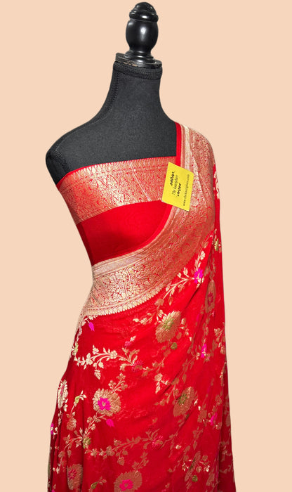 Red Khaddi Georgette Banarasi Handloom Saree - Meenakari