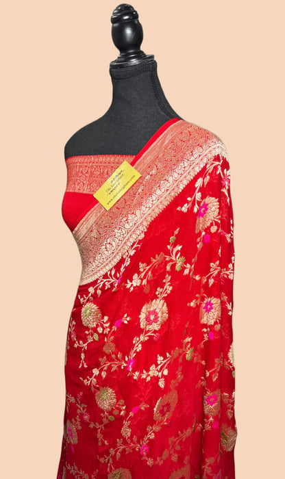 Red Khaddi Georgette Banarasi Handloom Saree - Meenakari