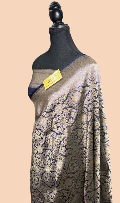 Midnight Pure Katan Silk Banarasi Handloom Saree - Sona Brocade