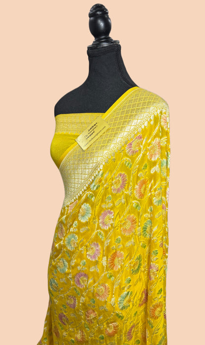 Yellow Khaddi Georgette Banarasi Handloom Saree - Hand Meenakari