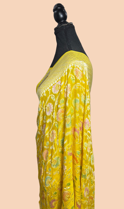 Yellow Khaddi Georgette Banarasi Handloom Saree - Hand Meenakari