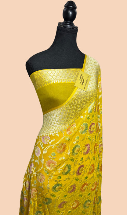 Yellow Khaddi Georgette Banarasi Handloom Saree - Hand Meenakari