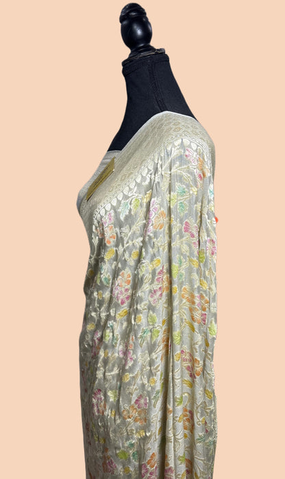 German Gray Khaddi Georgette Banarasi Handloom Saree - Hand Meenakari