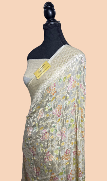 German Gray Khaddi Georgette Banarasi Handloom Saree - Hand Meenakari