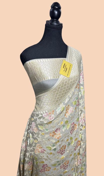 German Gray Khaddi Georgette Banarasi Handloom Saree - Hand Meenakari