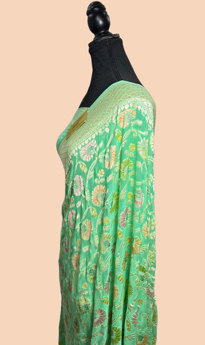 Pista Khaddi Georgette Banarasi Handloom Saree - Hand Meenakari