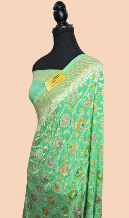 Pista Khaddi Georgette Banarasi Handloom Saree - Hand Meenakari