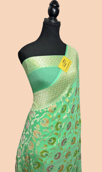 Pista Khaddi Georgette Banarasi Handloom Saree - Hand Meenakari