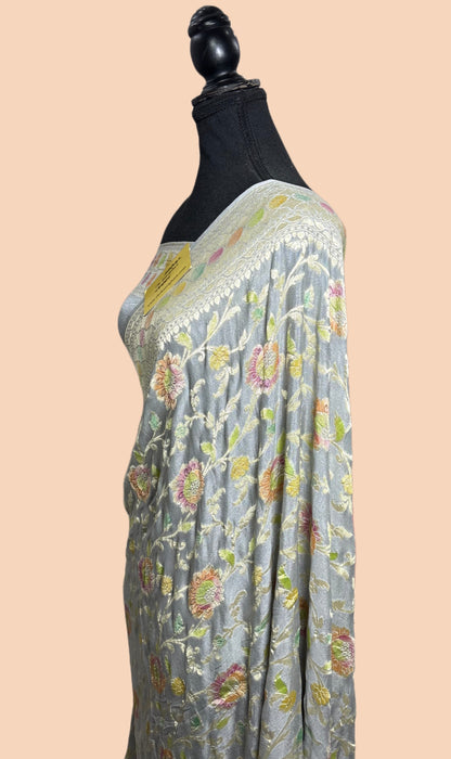 Bluish Gray Khaddi Georgette Banarasi Handloom Saree - Hand Meenakari