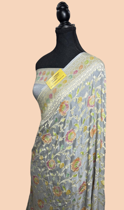 Bluish Gray Khaddi Georgette Banarasi Handloom Saree - Hand Meenakari