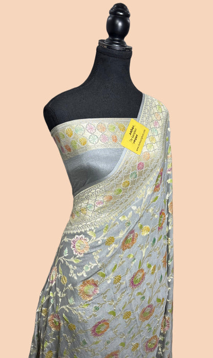 Bluish Gray Khaddi Georgette Banarasi Handloom Saree - Hand Meenakari