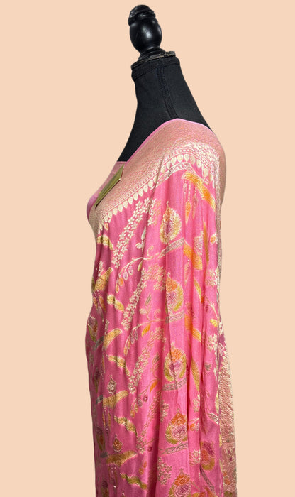 Pink Khaddi Georgette Banarasi Handloom Saree - Hand Meenakari