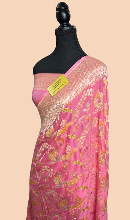 Pink Khaddi Georgette Banarasi Handloom Saree - Hand Meenakari