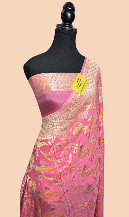 Pink Khaddi Georgette Banarasi Handloom Saree - Hand Meenakari