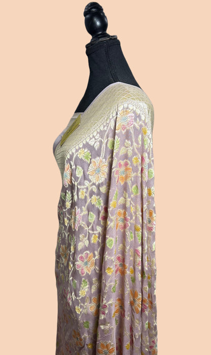 Pearl Khaddi Georgette Banarasi Handloom Saree - Hand Meenakari