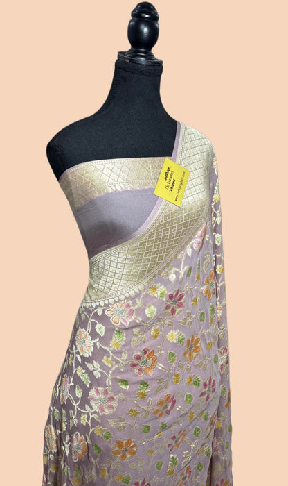 Pearl Khaddi Georgette Banarasi Handloom Saree - Hand Meenakari